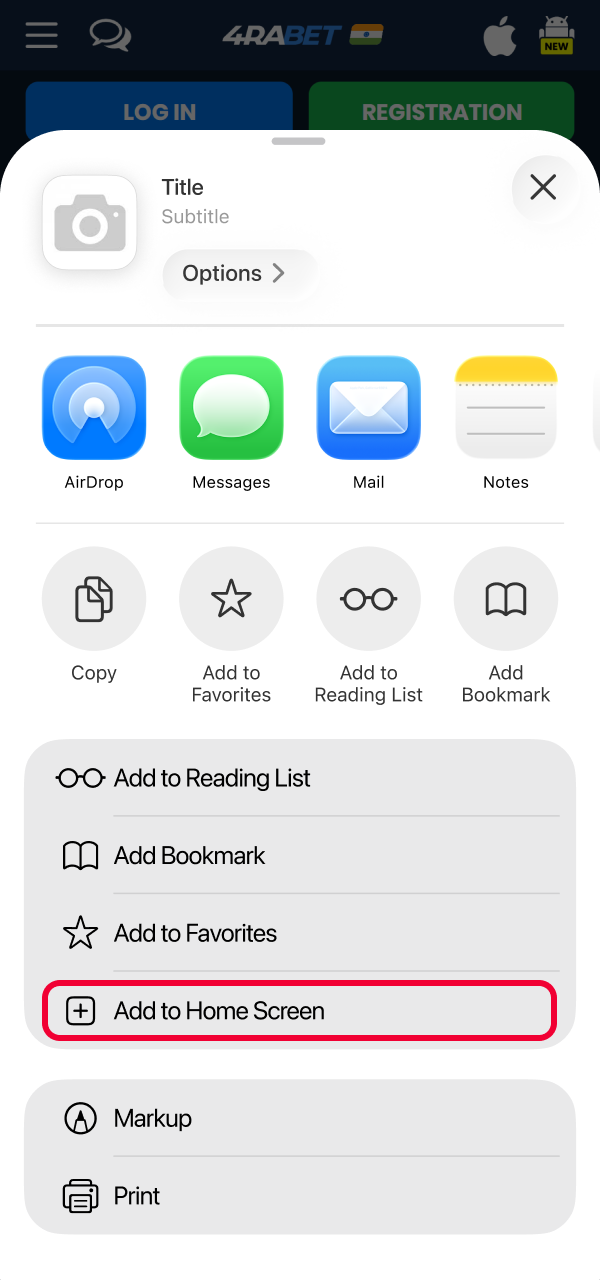 Tap the iOS add icon to finalize the 4Rabet App installation.