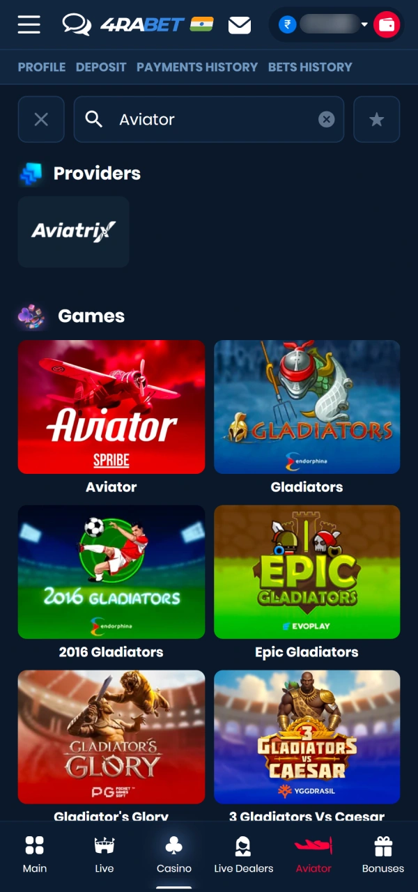 Navigate to the main popular games section to load 4Rabet Aviator.