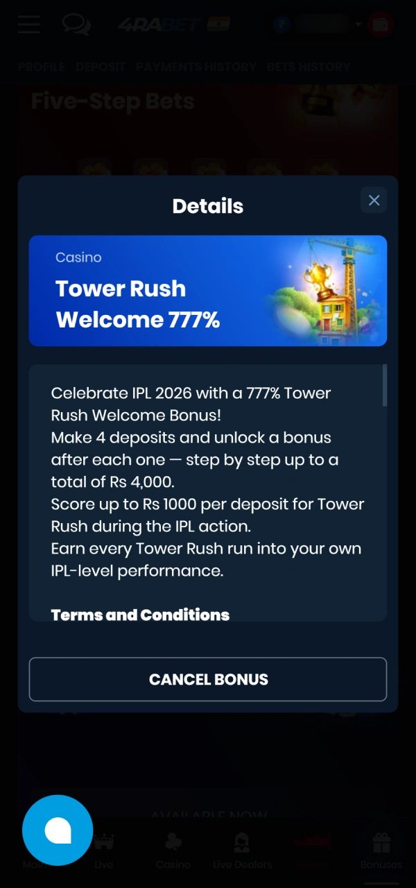 Activate your promo match reward to start playing at 4Rabet Casino.