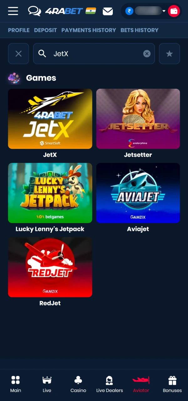 Look up the modern arcade subcategory to choose 4Rabet JetX game.