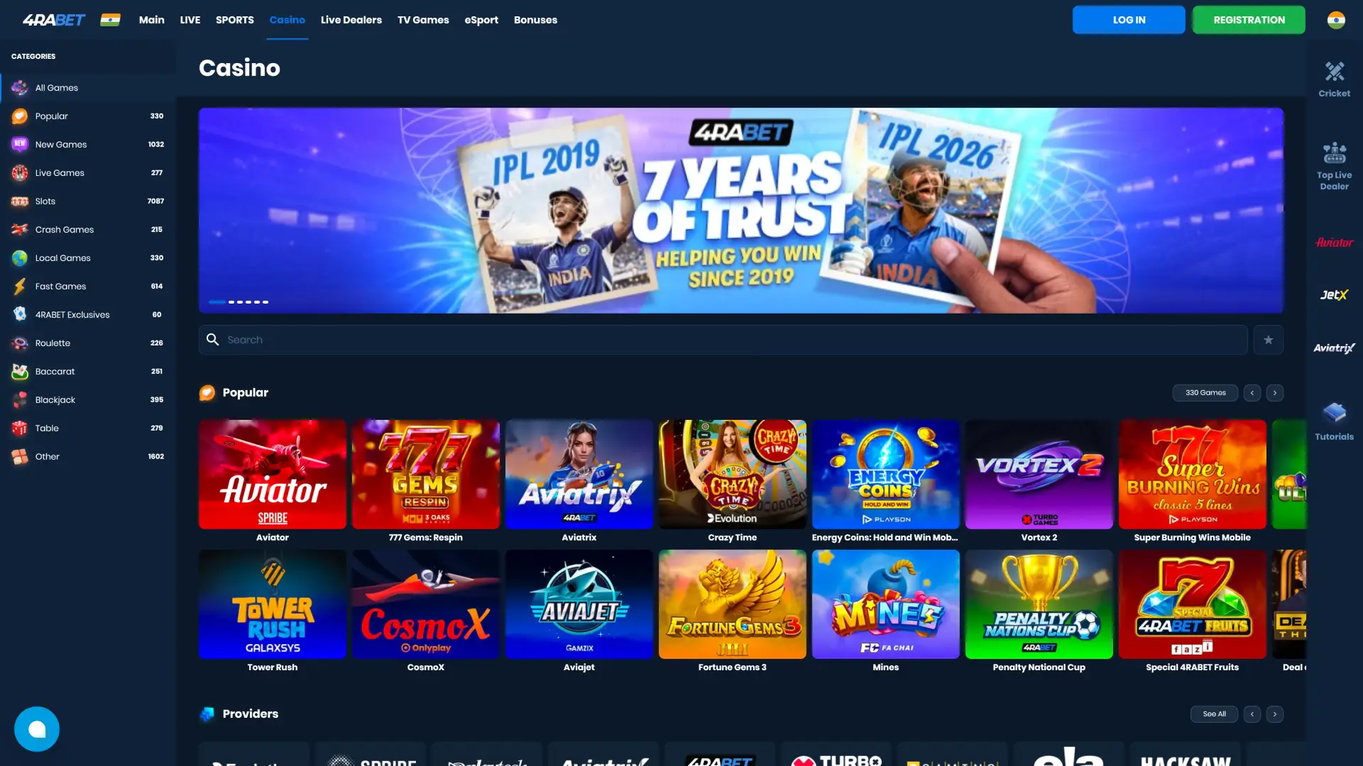 Launch the interface casino games lobby on the 4Rabet India website.