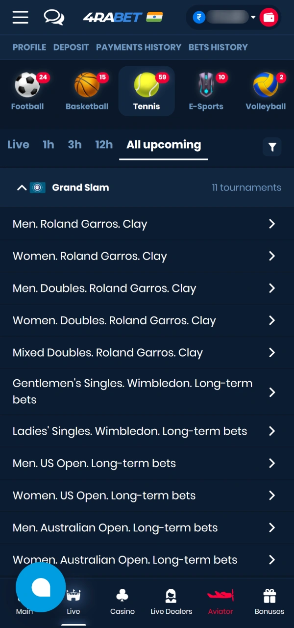 Browse active tournaments to pick a live 4Rabet Tennis game.