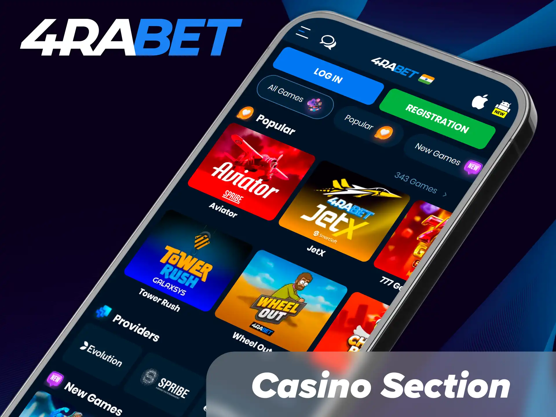 Access slots and live dealer games in the 4Rabet casino app section.
