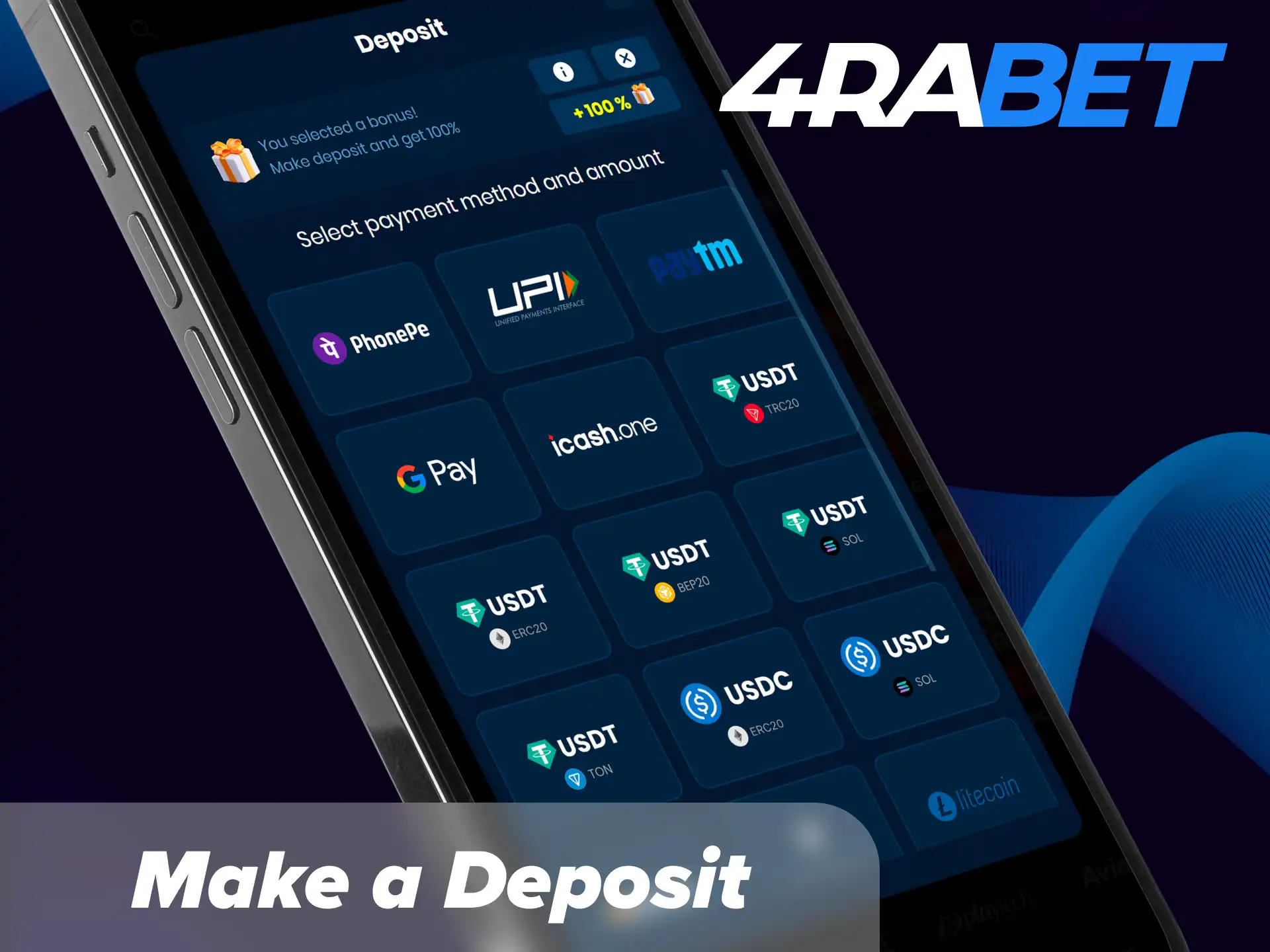 Deposit money quickly using UPI and e-wallets in the 4Rabet app.