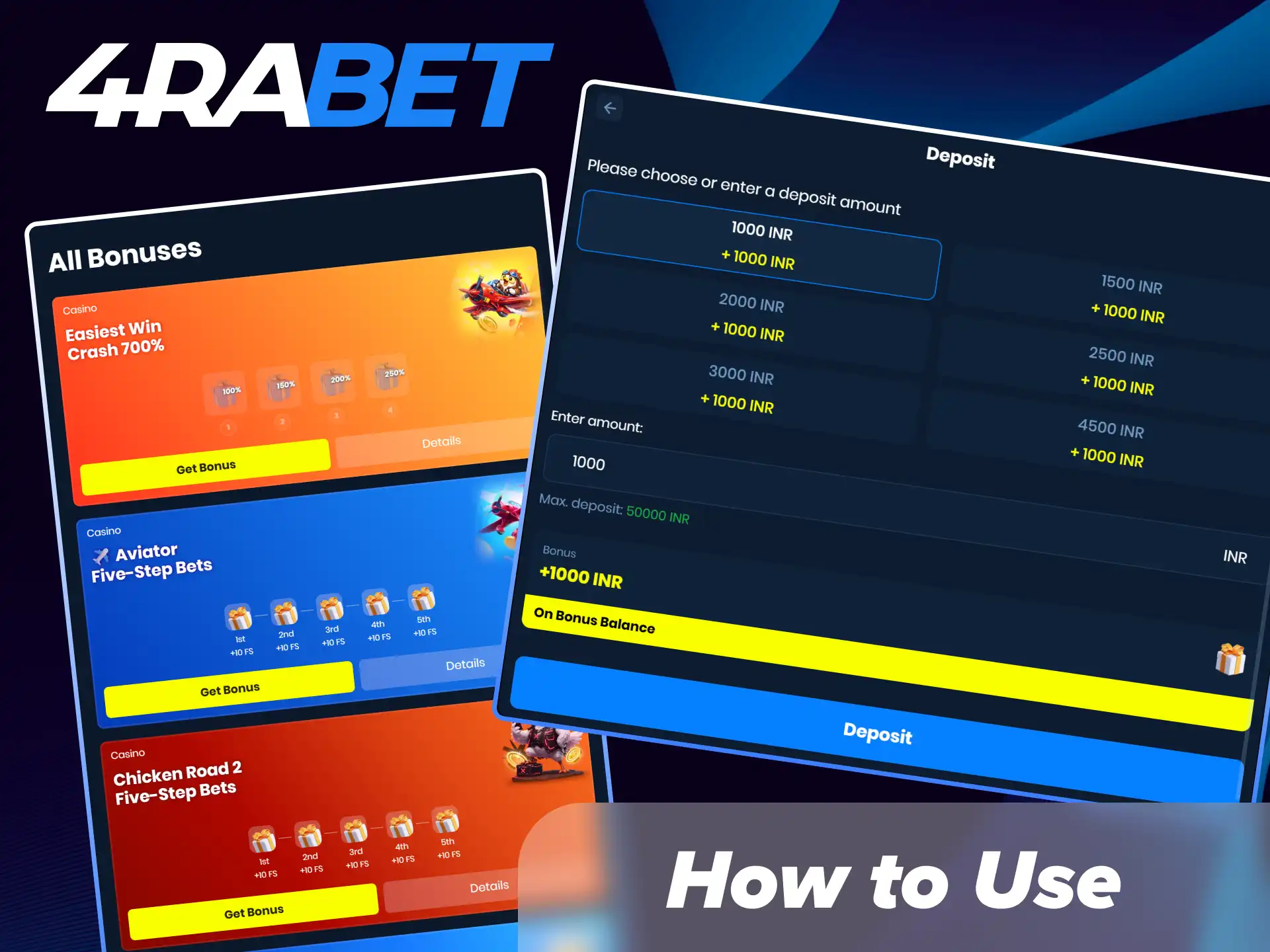 Enter your bonus code during registration or apply it in the deposit menu at 4Rabet India.