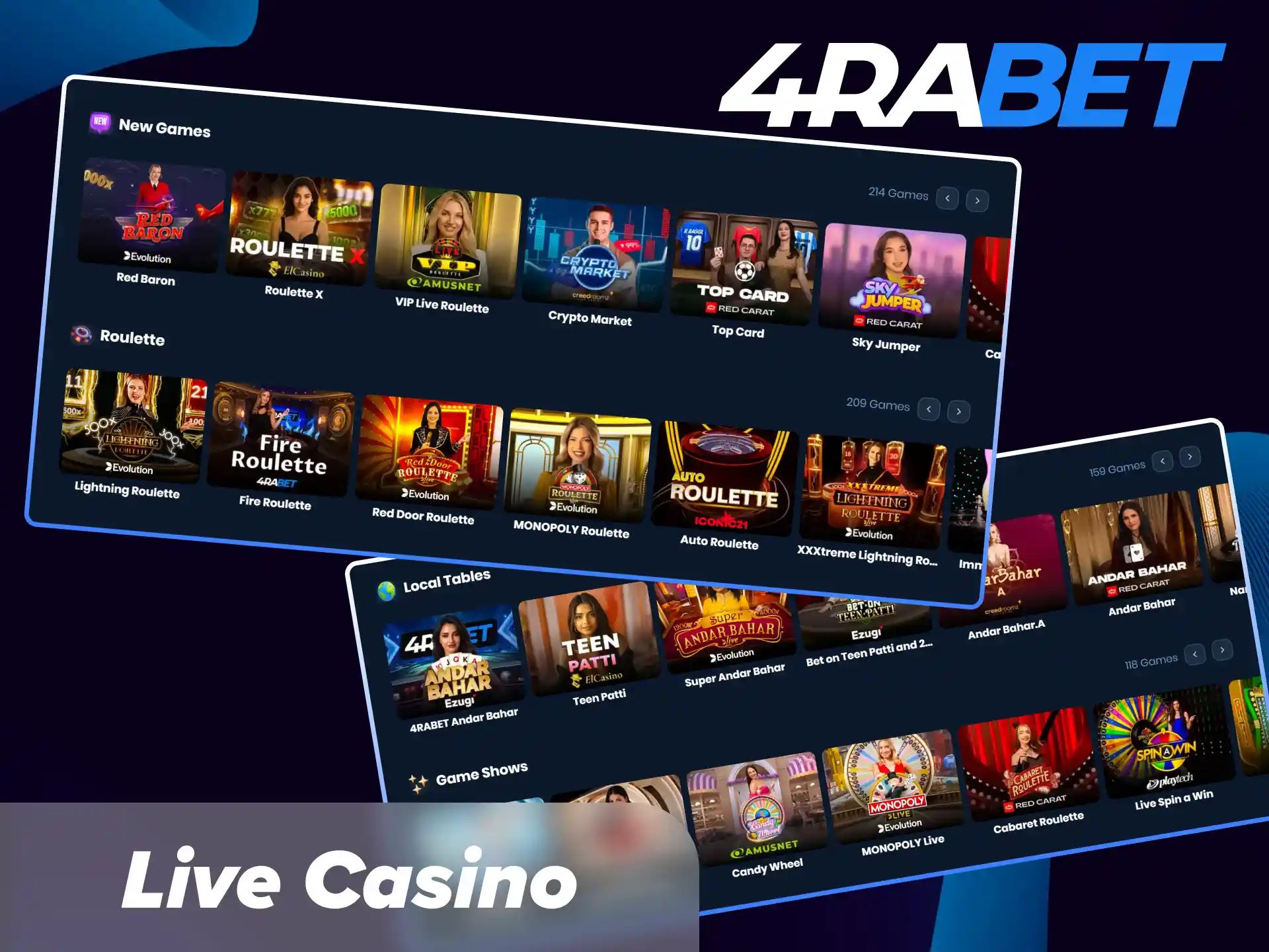 Play real-time table games like roulette, blackjack, and baccarat with live dealers on 4Rabet India.