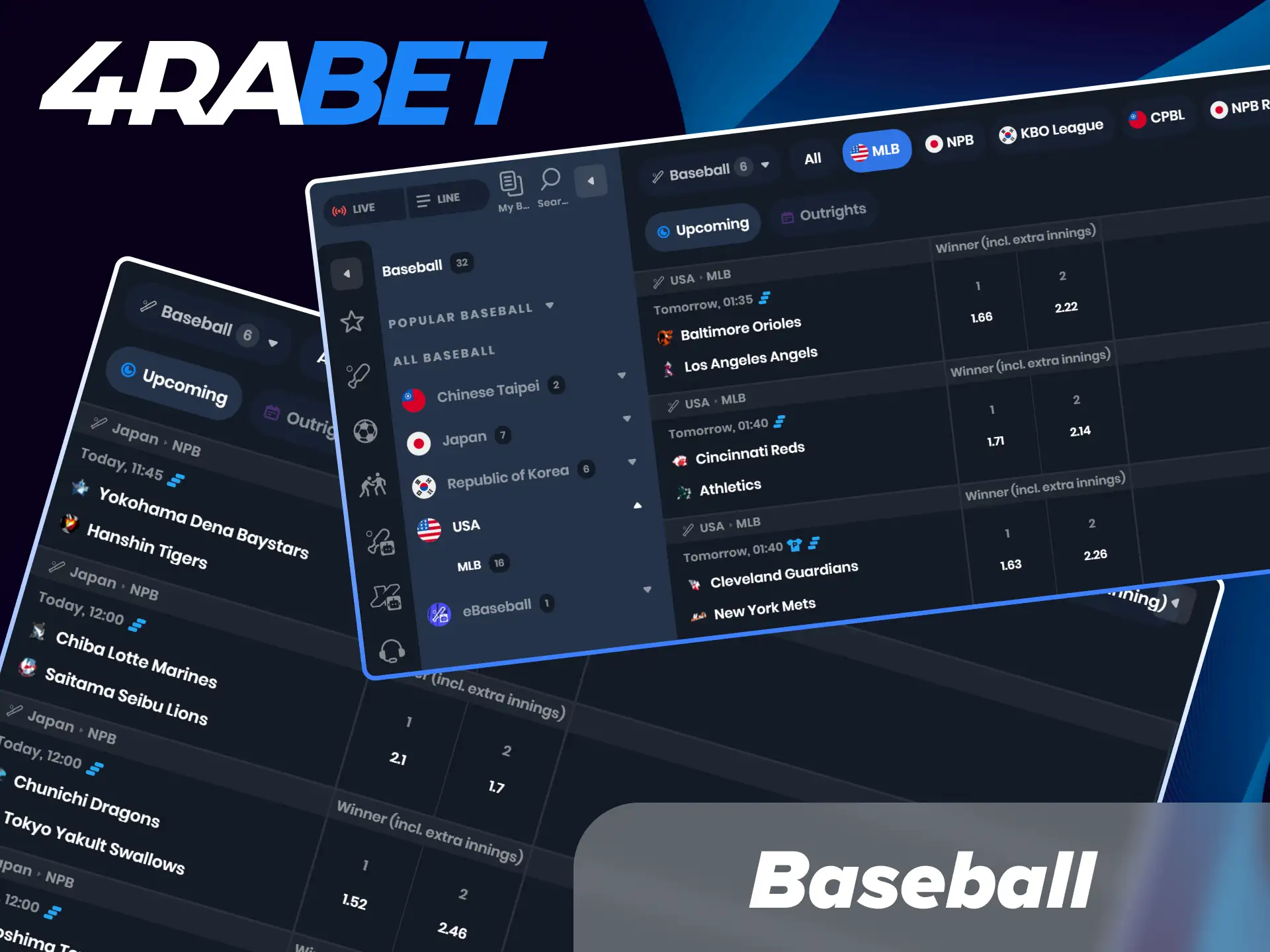 Follow MLB fixtures and global leagues with diverse baseball betting markets at 4Rabet India.