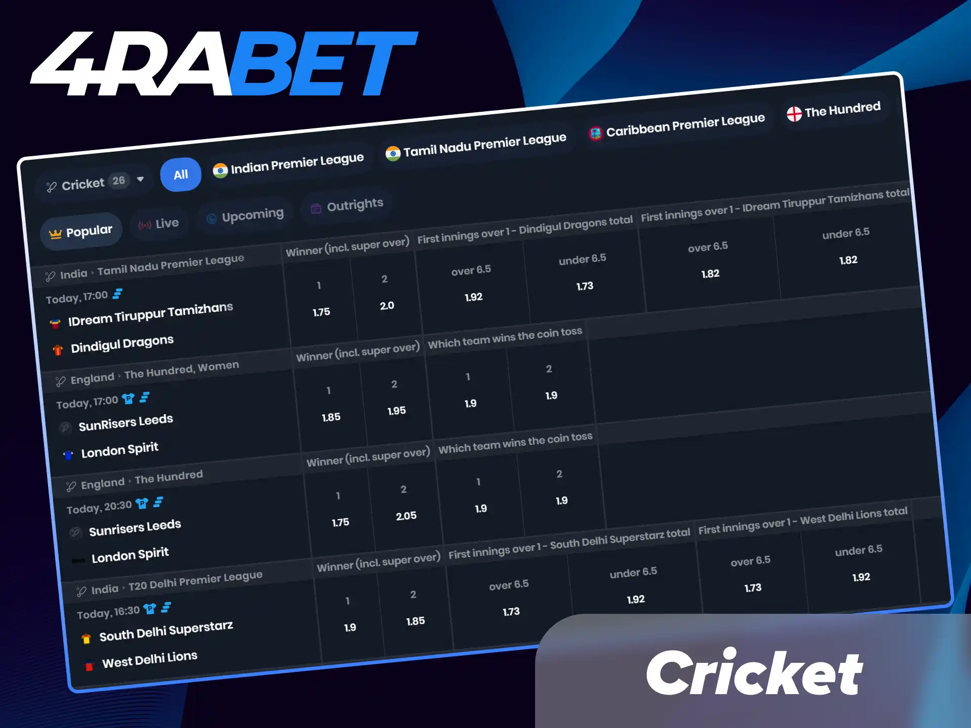Bet on top Indian Premier League and international matches with exciting cricket betting markets at 4Rabet India.