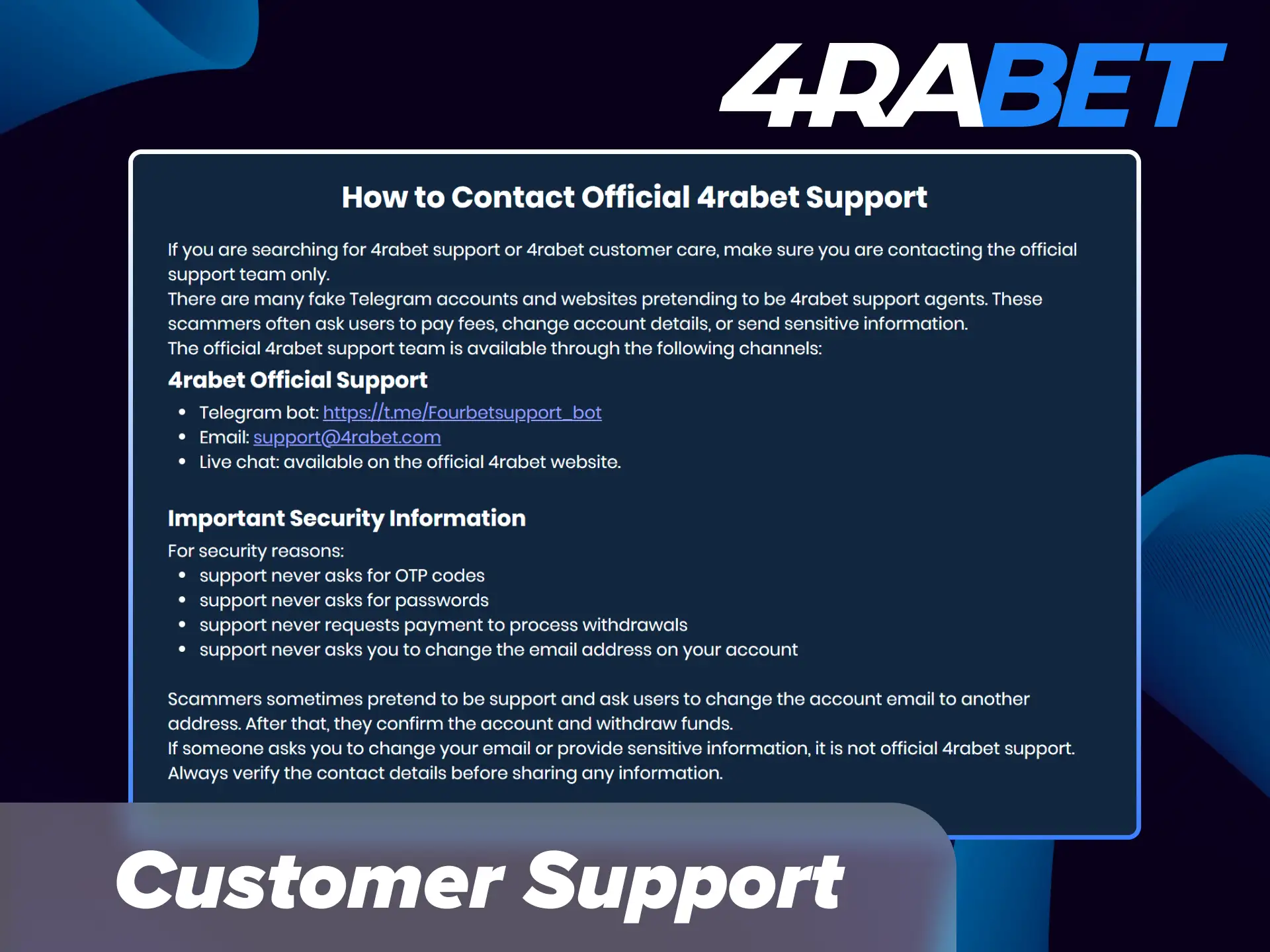 Get assistance from 4Rabet customer support via live chat, email, and Telegram in India.