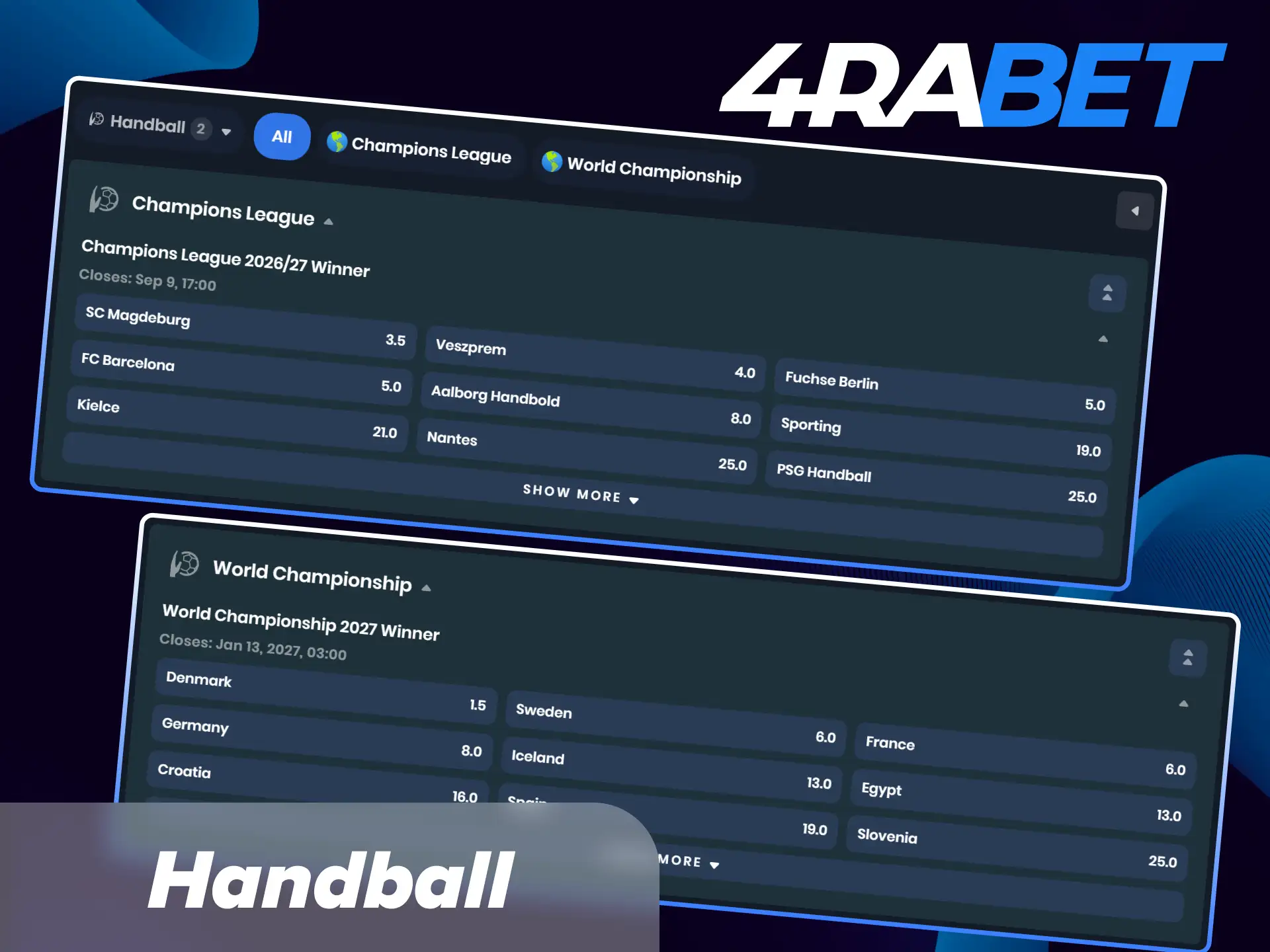 Track scorelines and place winning bets on top-tier European and world handball events at 4Rabet India.