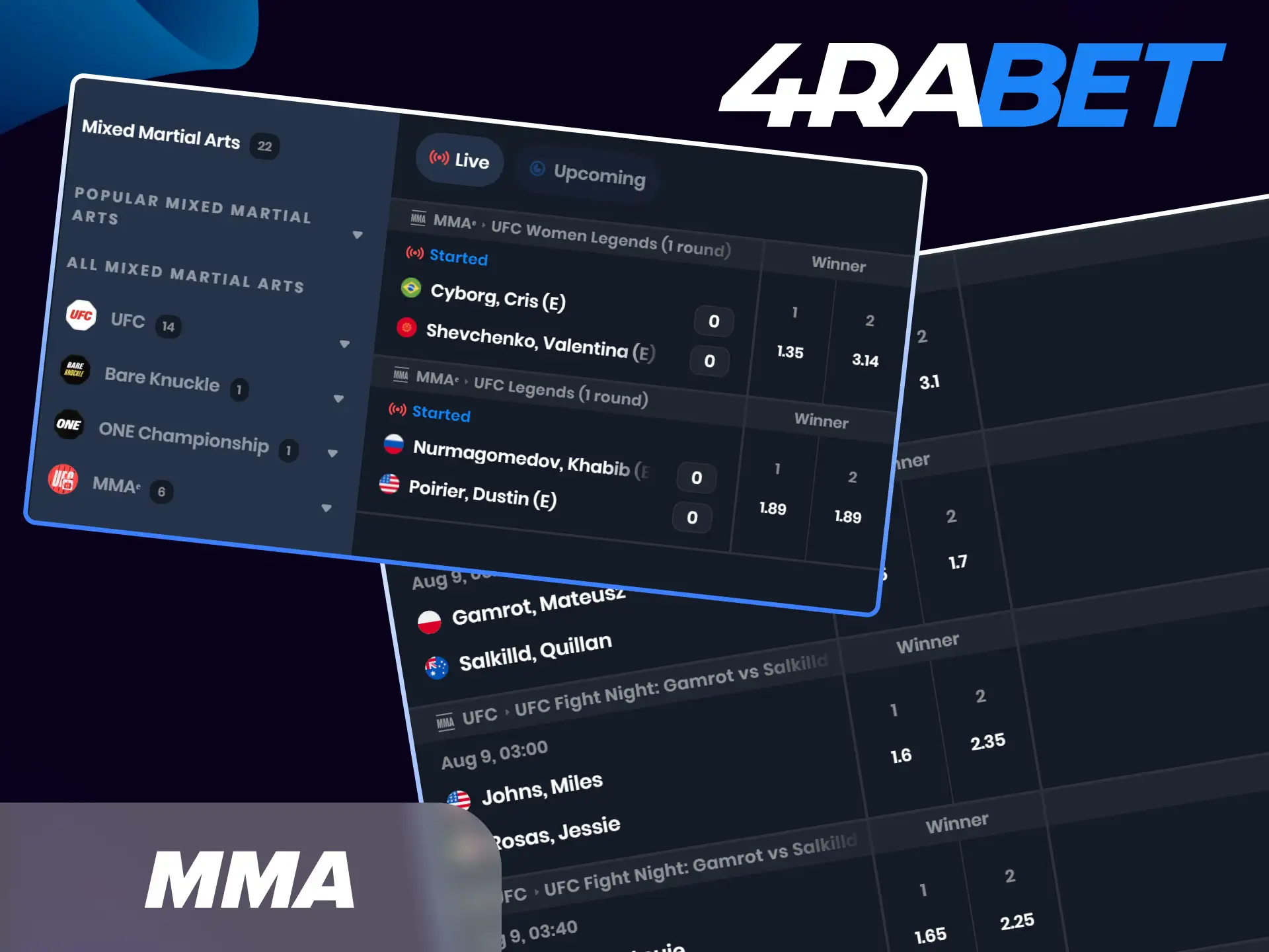 Experience the intensity of UFC fights and major fight nights through exciting MMA betting options at 4Rabet India.