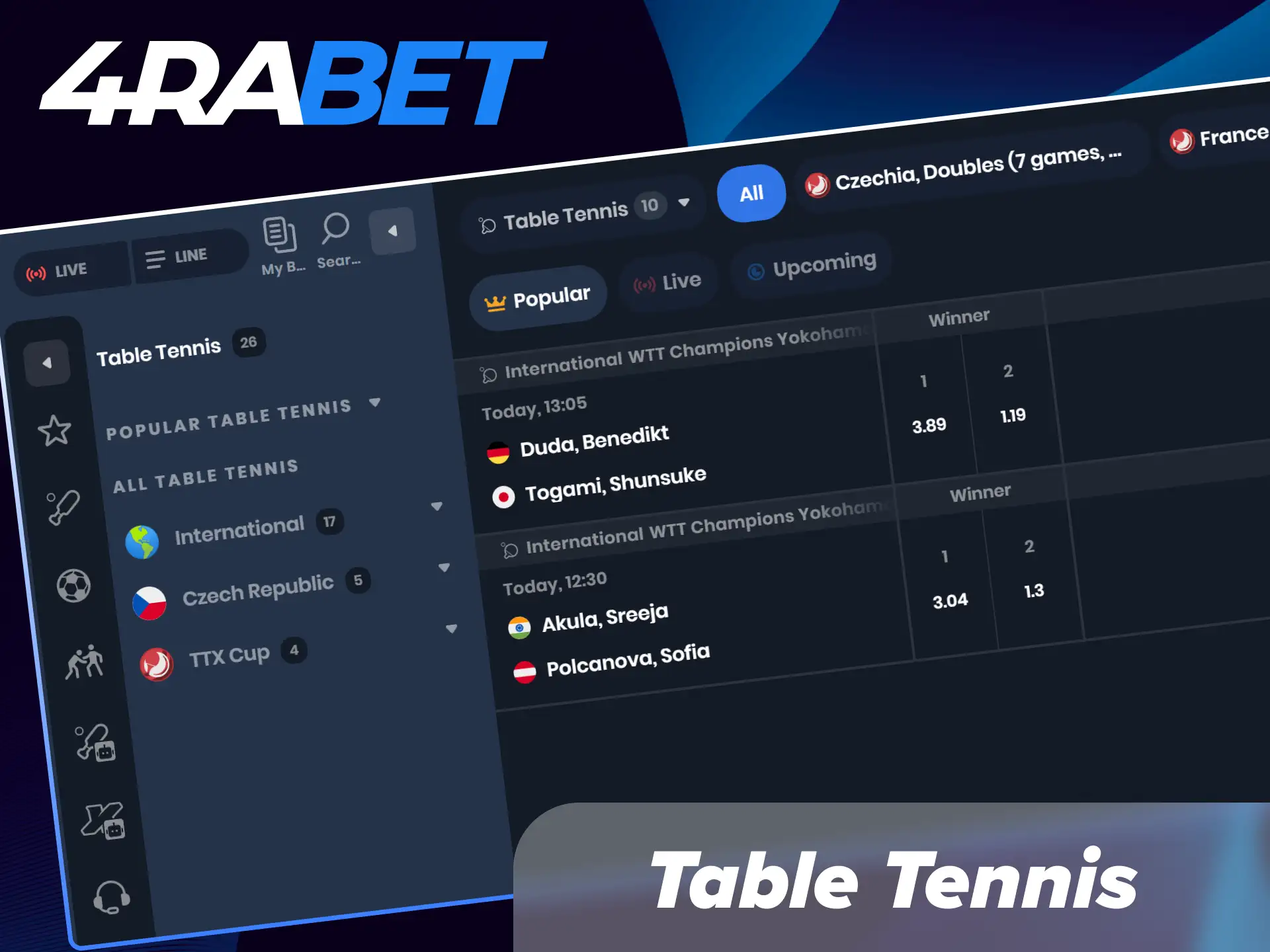 Enjoy fast-paced action and competitive live odds across global table tennis tournaments at 4Rabet India.