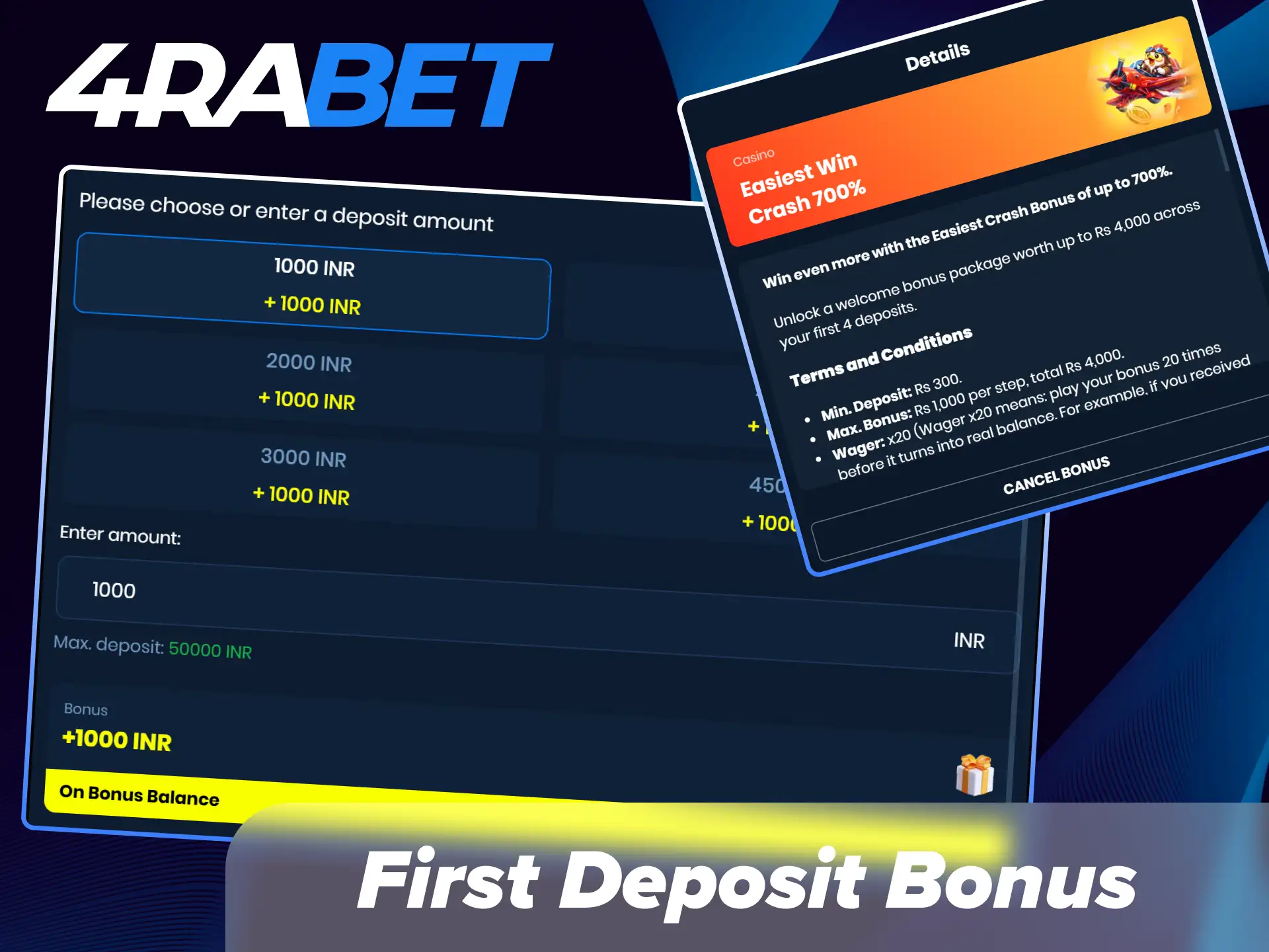 Multiply your initial balance with the generous 4Rabet first deposit bonus available for sports and casino players in India.