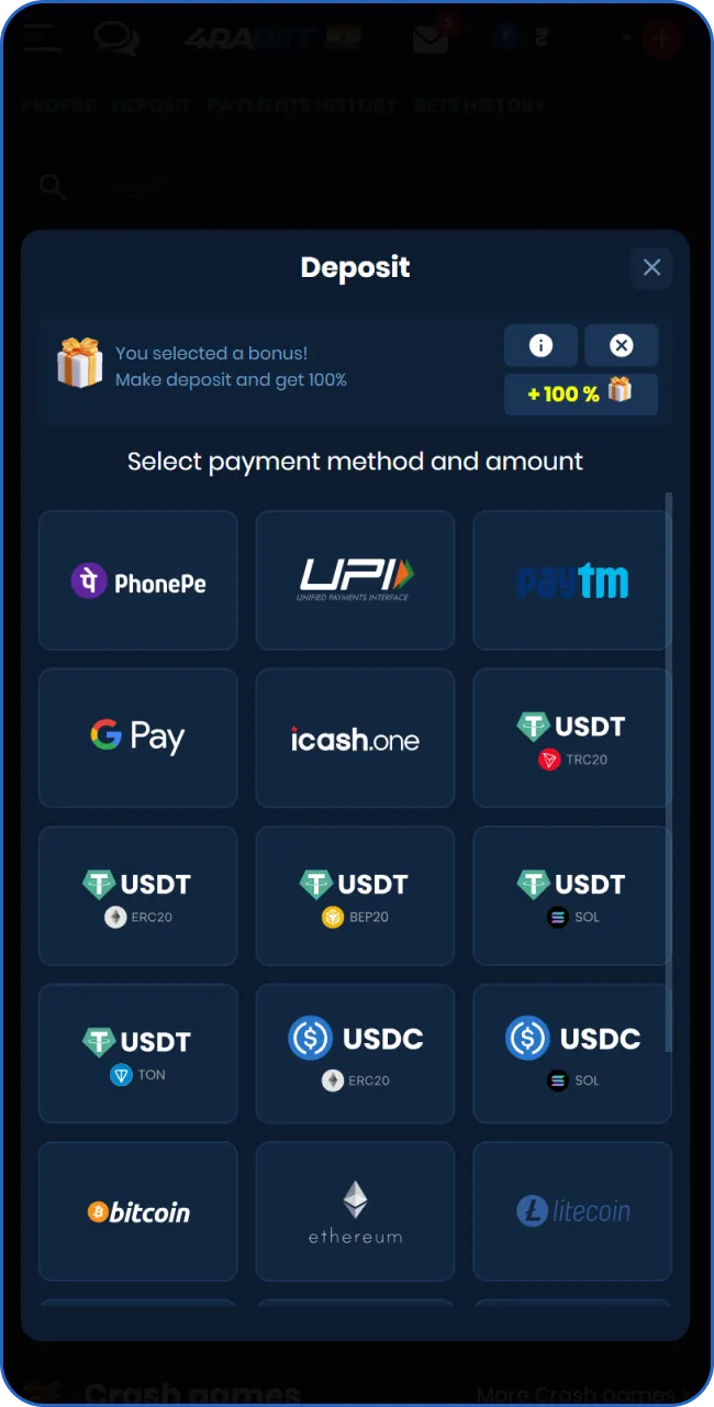 Select your preferred payment method, such as UPI, Paytm, PhonePe, or crypto.