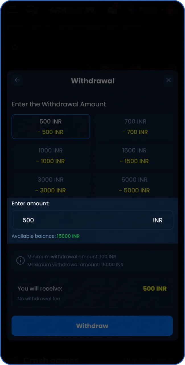 Specify the amount you wish to cash out from your account balance.