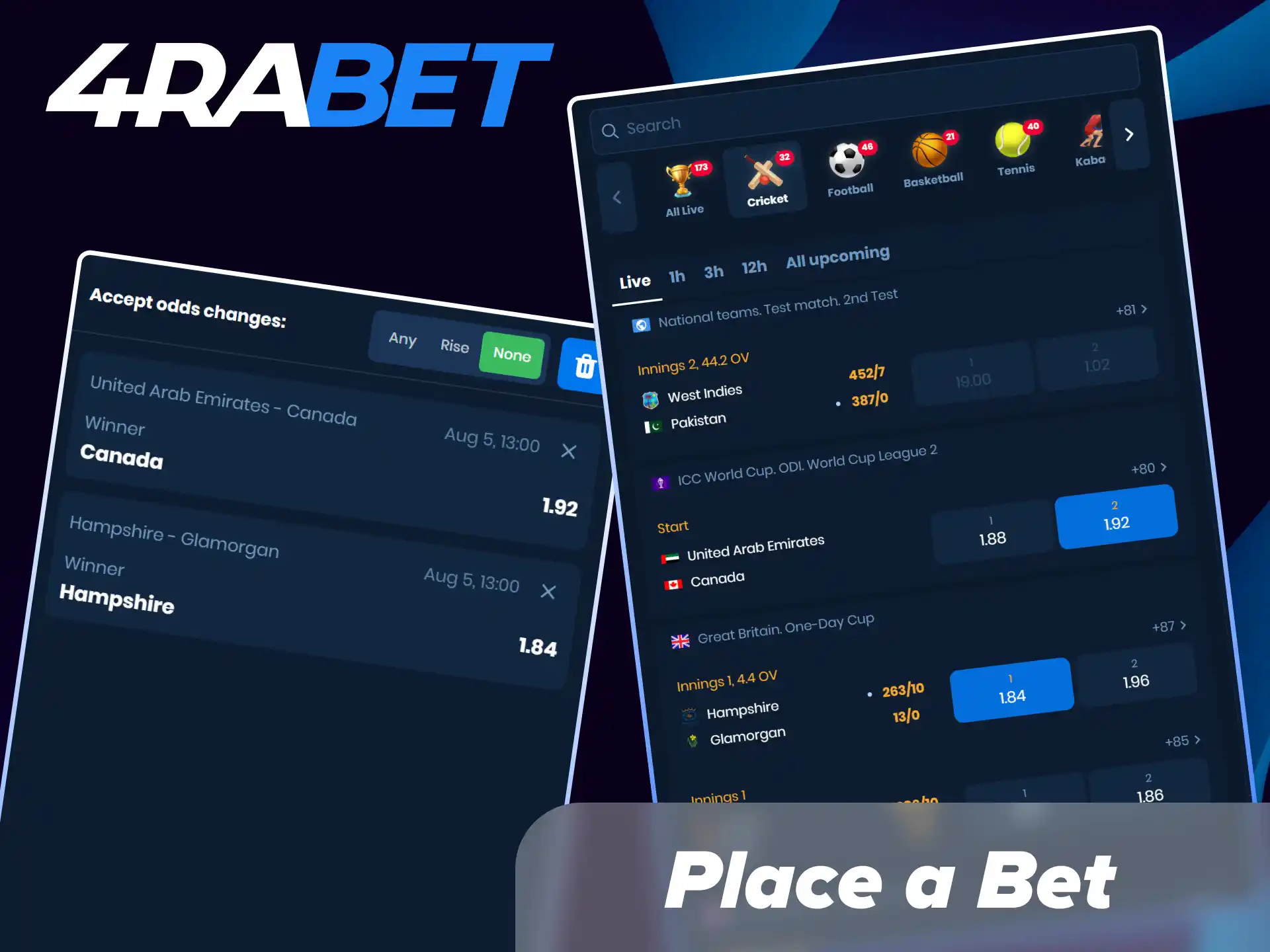 Select an event, choose your odds, enter the stake, and confirm your bet on 4Rabet.