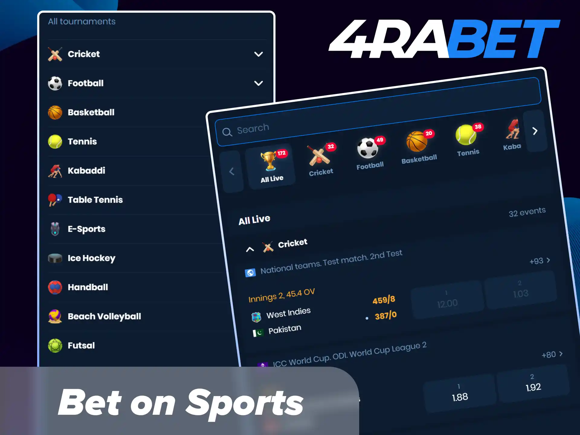 Place bets on major sports events with competitive odds in the 4Rabet sportsbook.